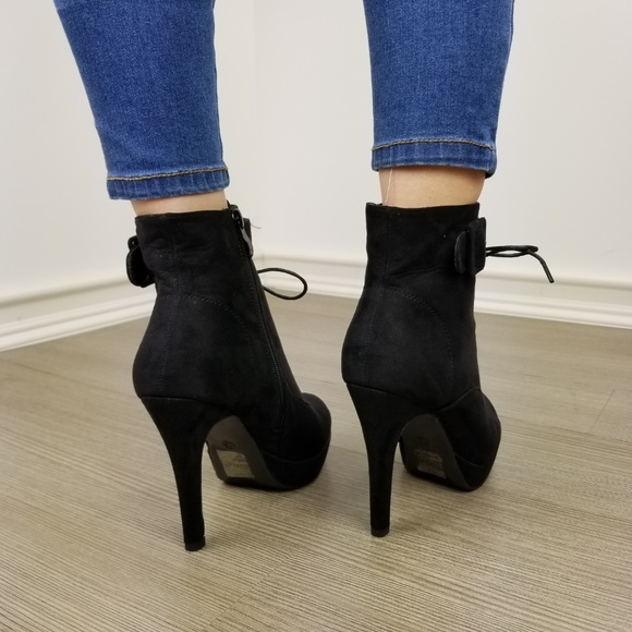 Black Faux Suede Heel Lace-Up Ankle Booties - Picture 6 of 8
